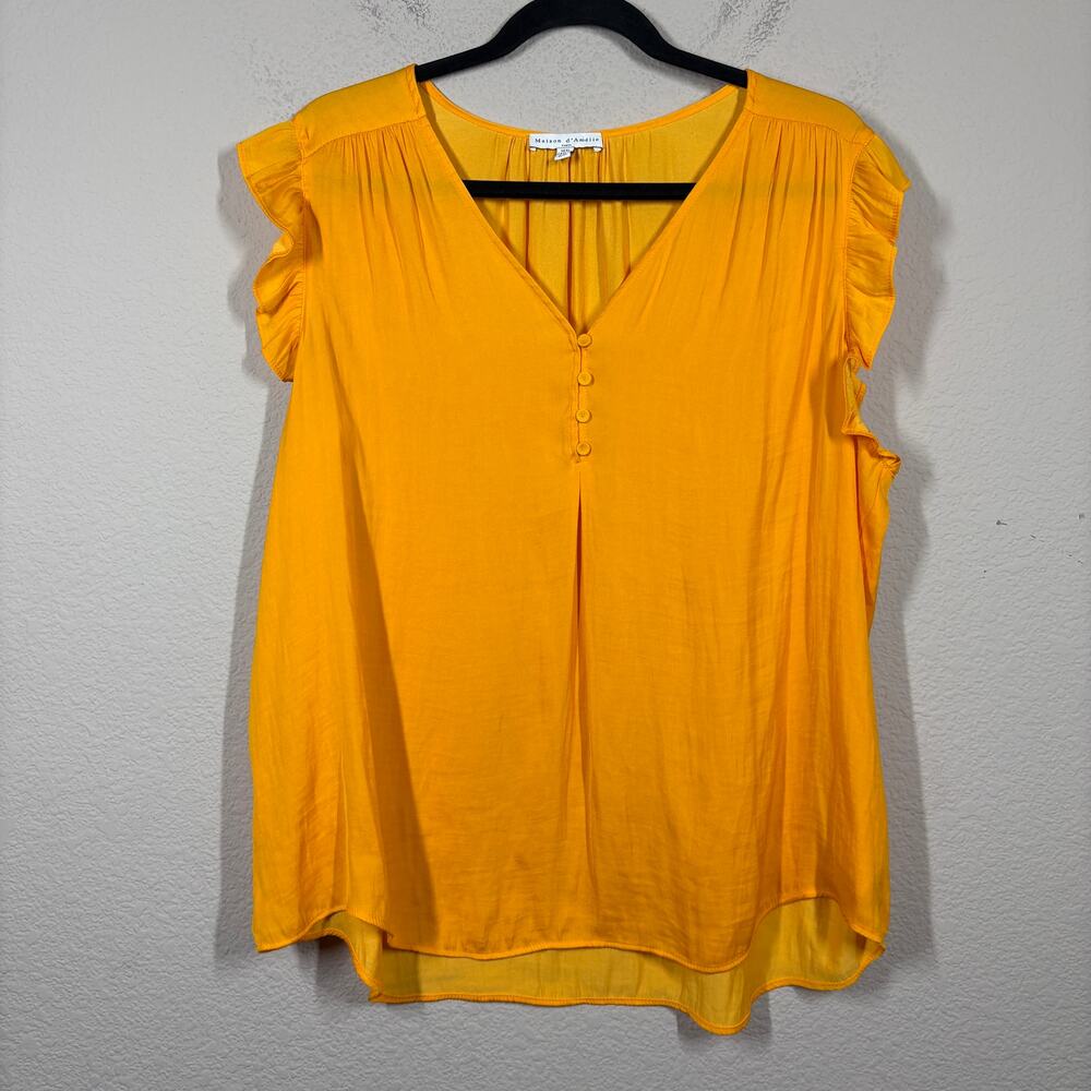 Maison d' Amelie Size XL Boxy Top Blouse Mustard V Neck Flutter Sleeves